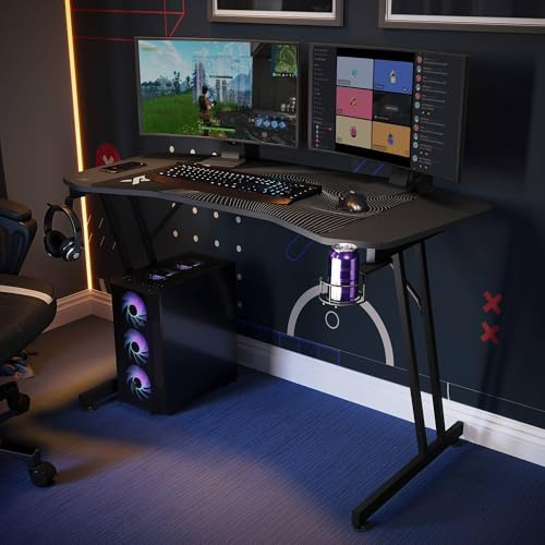 X-Rocker Panther Evo 120cm x 60cm, Carbon Fibre Gaming Desk - Space-Saving Design, Headphone Hook, Cup Holder, Sturdy Metal Frame for Kids & Teens - Black - Mouse Mat Included