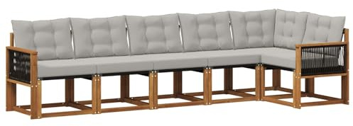 vidaXL Outdoor-Sofagarnitur mit Kissen 6 pcs Natürlich und Hellgrau, Gartenlounge, Moderne Sofas für draußen, strapazierfähige Sitzgruppe für Terrasse, Perfekter Komfort