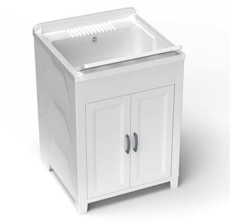 Mobile lavatoio in resina da esterno o interno con vasca e asse colore bianco 60x60x85H cm