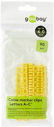 Goobay 72517 Clips marqueurs de câbles A-C / Diamètre de câble 2,5mm-4,0 mm / Anneaux élastiques en plastique / Jaune, paquet de 90