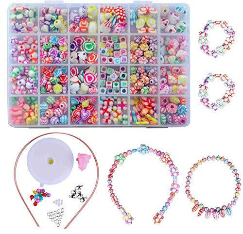 QH-Shop Perlen für Kinder, DIY, Perlen, Kunststoff, bunt, 24 Fächer, Bastelset, Schmuckherstellung, Armbandherstellung, Halskette aus PVC, Box als Geschenk für Kinder, Mädchen, 400 Stück