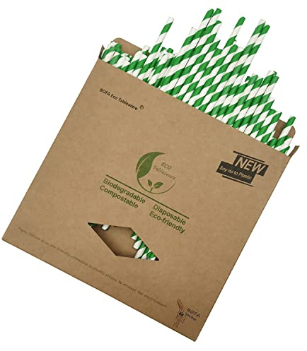 Environment Green White Paper Straws Bulk 100, Disposable Green Striped Drinking Straws with Kraft Box Packing Coktail Straw for Holiday Use Juice Patener