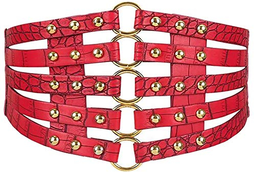MEGAUK Damen Leder Gürtel Breit Nieten Gürtel Elastischer Taillen Gürtel Vintage Nietengürtel Hüftgürtel Bindegürtel Lolita Korsett mit Ring Schnalle Design (Rot)