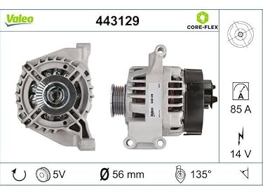 Valeo Generator 443129-85 Amp - Rippenanzahl: 5-14 V | Riemenscheiben Durchmesser: 56 mm, Drehrichtung: Drehrichtung im Uhrzeigersinn