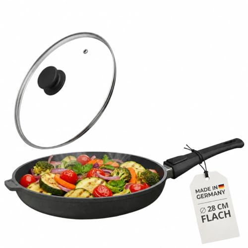 Lieblingspfanne Bratpfanne 28 cm Ø - flacher Rand 5 cm - Für alle Herdarten & Induktion - mit Glasdeckel & 4D Antihaft-Veredelung - für krosses Anbraten & Röstaromen - 100 Tage testen - inkl. E-Book
