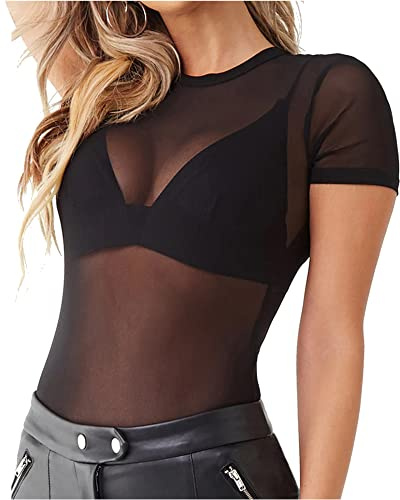 Allchic Womens Short Sleeve Sheer Mesh Tops Sexy See Through Tee Blouse Clubwears - - Large