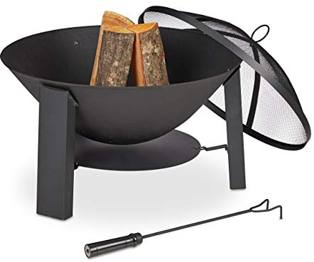 relaxdays Brasero de Jardin, avec Pare-étincelles et tisonnier, terrasse, HxD 51x60 cm, Fonte et Acier, bac à feu, Noir