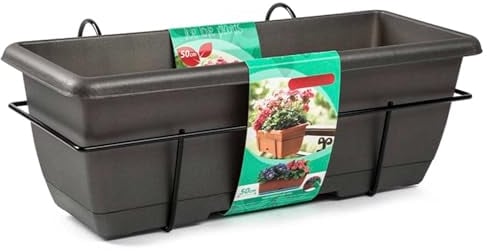 Plastic Forte - Fioriera da balcone con sottovaso e supporto in metallo, 50 x 20 x 17,5 cm, vaso in plastica da appendere, 10 l, con sottovaso integrato per acqua, colore: grigio