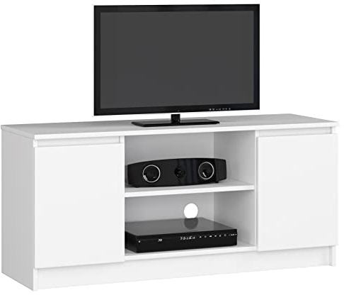 AKORD Fernsehkommode K-120 | EIN offenes Regalfach | 2 Ablagen mit Türen Links und rechts | H55 x B120 x T40 cm | Gewicht 30 kg | Gewicht 30 kg | Farbe Weiß
