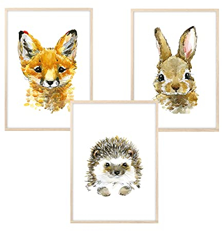 MeinBaby123® Bilder Kinderzimmer | 3er Set DIN A4 Poster Set | Waldtiere Wandbilder | Fuchs, Hase, Igel | Deko Bilder Kinderzimmer | Babyzimmer Deko | Wandposter Premium (Waldtiere - Set 1)