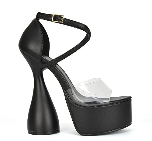 ESSEX GLAM Damen-Sandalen mit hohem Absatz, Plateau-Sandalen, Knöchelriemen, Plexiglas, Größe 36-42, Schwarz , 38 EU