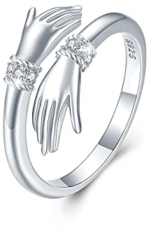 Umarmung Ring Damen 925 Sterling Silber Verstellbar Zirkonia Umarmende Hände Öffnen Ring Verlobungsring Damen 9#
