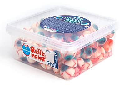 Vidal Golosinas. Bloody Eyes. Golosina rellena de gelatina sabor fresa, con forma de ojo sangriento. Chuches Halloween.Sin Gluten. Sin Grasa. Estuche de 75 unidades.