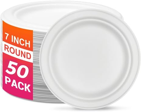 Ask Packaging 100% Compostable (7 Inch / 50-Pack) Heavy-Duty Eco-Friendly Disposable Bagasse Plates, Made of Natural Sugarcane Fibers – 7 Biodegradable Paper Plates