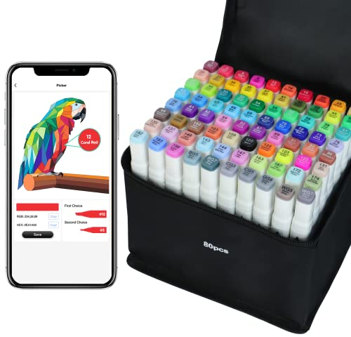 Vokiuler 80 Farben Marker Stifte, Alkohol Marker mit kreativen App, Twin Marker Set für Kinder Erwachsene Zeichnen Manga Illustration, Als Geschenk für Weihnachts une Geburtstag mit Tragetasche