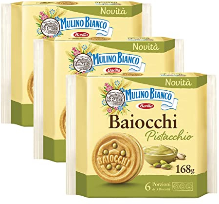 3X - Mulino Bianco Biscotti Baiocchi ripieni alla crema di Pistacchio - NOVITA' 2022 [3 Confezioni da 168 g]