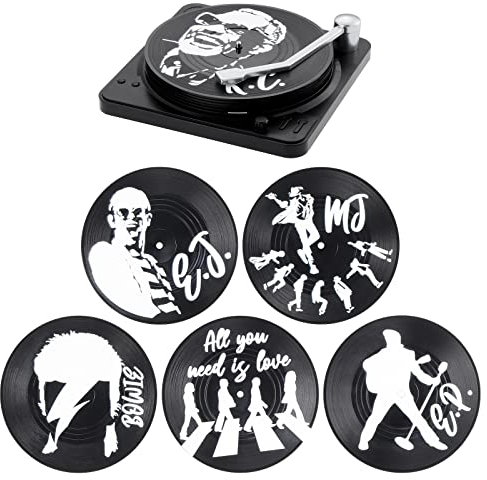 Fippy 6 Stück Schallplatten Untersetzer Set, Vinyl Schallplatten Untersetzer mit Halter, Schwarz Untersetzer Gläser Tasse Matte Getränkeuntersetzer für Getränke, Kaffee, Tee, Bierkrug (Farbe A)