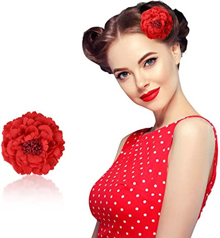 Vintage Peony Hair Pin, Red Rose Hair Clip, Fascinator Brooch - Large Artificial Flower Hairpins for Women, Girls - Party, Beach, Wedding, Bridesmaid, Flower Girl Accessories