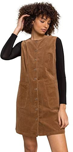 Roman Women Button Corduroy Pinafore Dress - Ladies Sleeveless Smart Casual Everyday Buttoned Detail Plain Cord School Thick Lined Young Vintage Pinny Over Dresses - Plain Camel - Size 6