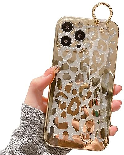 AYABUCO for iPhone 12 Pro Max Case Golden Plating Leopard Wrist Strap Holder and Finger Loop, Soft TPU Adjustable Wrist Strap Loop Kickstand Cute Print Pattern Design Women Girls Protective Cover