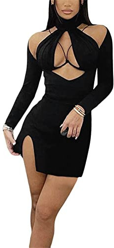 Loalirando Robe Crayon Courte Femme Sexy Halterneck à Manches Longues Mini Robe Clubbing Chic Fendue à la Mode (Noir, S)