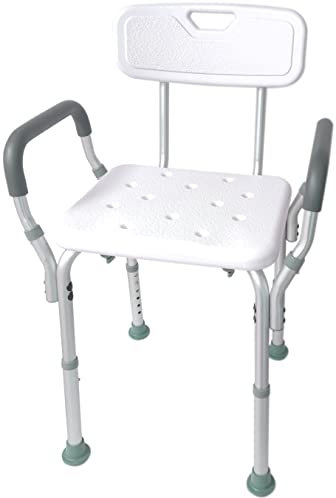 DYNASUN, Sedia per doccia con braccioli e schienale, bagno disabili, sedia per anziani regolabile in altezza con piedi antiscivolo, Conforme CE