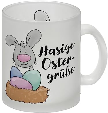 Hasige Ostergrüße Glas Tasse mit niedlichem Osterhasen als Ostertasse für die schöne Frühlingszeit und alle, die das Osterfest Ostereier und die Feiertage lieben und feiern