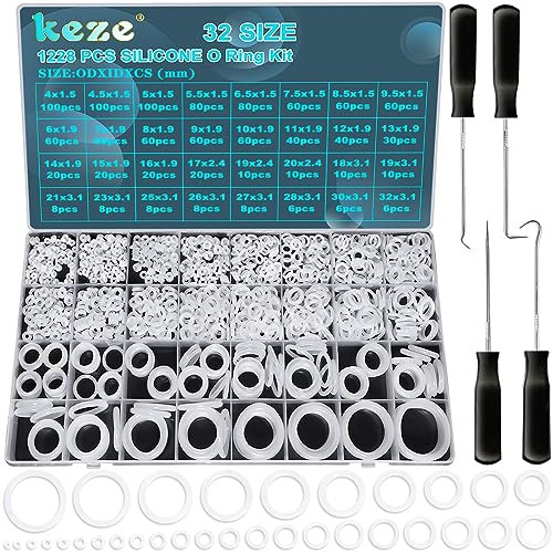 KEZE 1228 Pcs 32 Size O Rings Kit with 4pcs Precision Pick and Hook Set for Automotive or Motorcycle Faucet Plumbing Sealing Repair,Air or Gas Connections OD:4mm-32mm