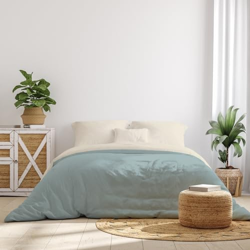 Textilhome – Funda Nórdica Cama 180 Liso - Microfibra Juego Edredón Nórdico (260x240 cm) con 2 Fundas de Almohada (70x40 cm), Tejido Suave, Transpirable y Lavable – Color Aguamarina/Marfil