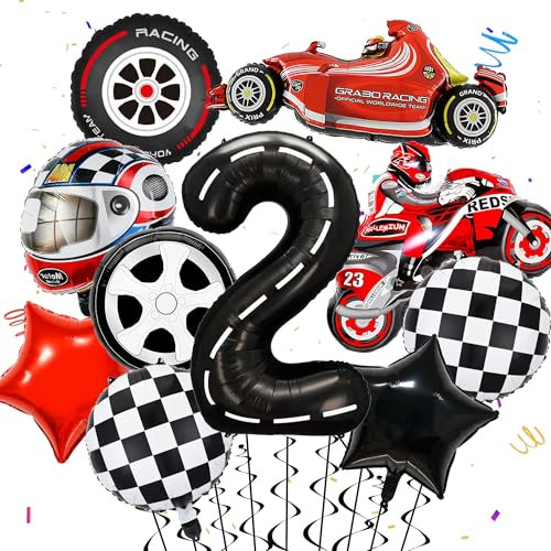 Race Car 2nd Birthday Balloons - 10 Pieces Party Decoration Set With Number 2, Black Red Tire, Pentagram, Motorcyclist Helmet Foil Balloons for Kids Racing Theme Celebration