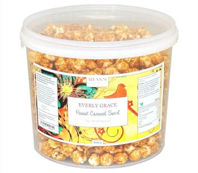 Everly Grace Popcorn – Peanut Caramel Swirl, 600 g – Cubo de palomitas con caramelo y mantequilla de cacahuete, producido en Alemania