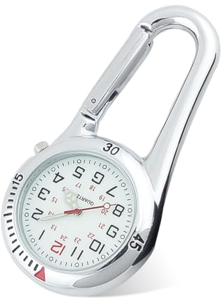 WUIOWPPIC Taschenuhr mit Karabiner, Taschenuhr Digital, Krankenschwester Karabiner Uhr mit leuchtendes Zifferblatt, Herren Damen Outdoor Rucksack Praktisch Krankenschwesteruhr, Silber