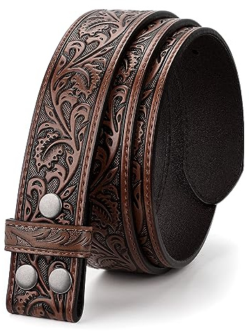 LEACOOLKEY Western Belt Strap for Men without Buckle 1.5'' Wide Floral Engraved Embossed Leather Belt Strap'