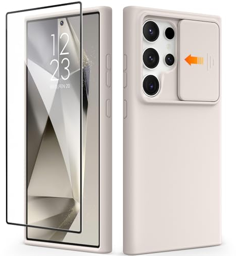 GVIEWIN Kompatibel mit Samsung Galaxy S24 Ultra Hülle mit Schiebekamera-Abdeckung + Displayschutz, flüssiger Silikon Rundumschutz stoßfest Kratzfest weiches Mikrofaser-Futter 6,8 Zoll 2024, Stein