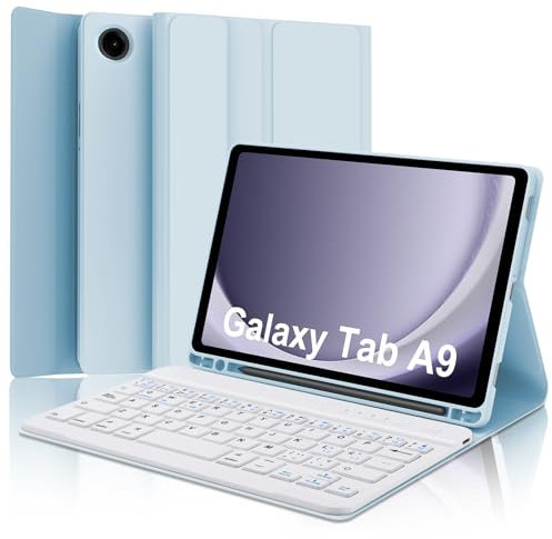 IVEOPPE Funda con Teclado Samsung Galaxy Tab A9 8.7 Pulgadas 2023, Teclado Español Ñ Bluetooth Desmontable, Azul Cielo