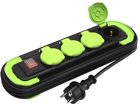 MutecPower Multiprise 4 Prises IP44 Prise Multiple avec Interrupteur, multiprise Exterieur Etanche, Prises à Contact de Protection avec couvercles et câble Enroulable 5m 16A/250V H05RR-F3G1 Noir/Vert