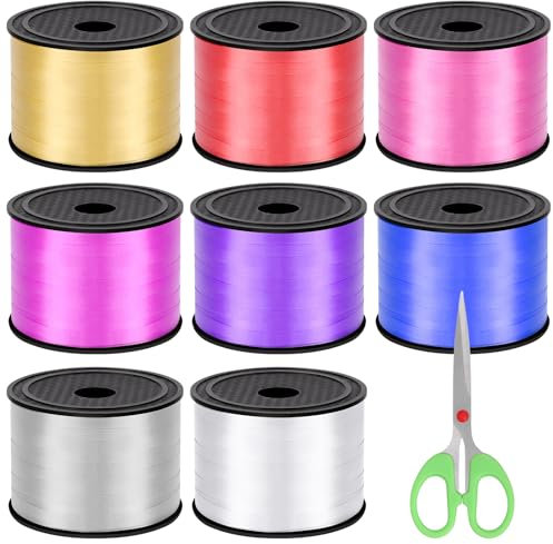 Keadic 9 Pack 8 Farbe Curling Ribbon Sortiment Set mit Cutter, 800 Yards Laser Ballon String Geschenkverpackung Curly Ribbon (Weiß, Gold, Rosa, Silber, Blau, Rot, Rosenrot, Lila)