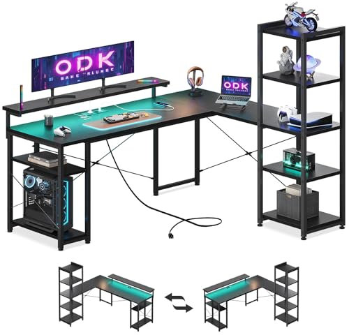 ODK Gaming Tisch Schreibtisch 155x140cm mit LED, Eckschreibtisch L-Form Reversibel, Gaming Schreibtisch mit 2 Steckdosen + 2 USB-Schnellladern, Integrierte Regale & Monitorhalter für Gamer in Schwarz