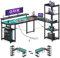 ODK Gaming Tisch Schreibtisch 155x140cm mit LED, Eckschreibtisch L-Form Reversibel, Gaming Schreibtisch mit 2 Steckdosen + 2 USB-Schnellladern, Integrierte Regale & Monitorhalter für Gamer in Schwarz