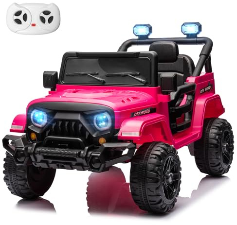 MINIATURE MOTORS 12V Kids Electric Ride on Truck Car Remote Control, Twin 35W Motors 3.5MPH Max Speed, Bluetooth Music Player, 4 Wheels Suspension LED Lights Safety Belt, Gift for Boys Girls-Hot Pink