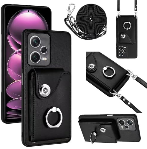 xinyunew Handyhülle für Redmi Note 12 Pro Plus 5G Hülle mit Band Kartenfach Handykette Geldbörse,360 Grad Ringhalter Stand Kartenfach,Leder Klapphülle Handytasche für Redmi Note 12 Pro Plus 5G-Schwarz