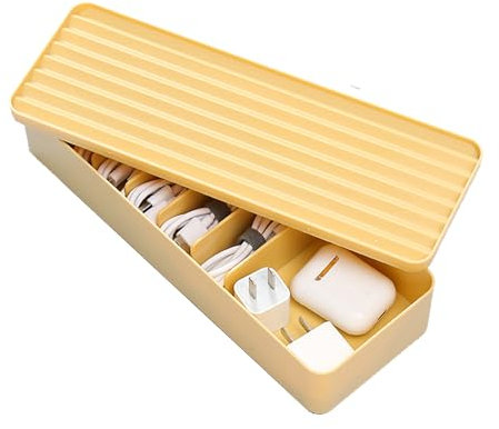 Uotyle Double Layer Cable Storage Box, 7 Grids Plastic Wire Management with Lid, Office, Home, Accessories Storage (Yellow)
