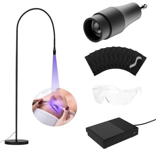 Lmaqfum UV Lash Light for Eyelash Extensions- Curing UV Eyelash Glue, 5W UV Lash Nail Tech Glue Lamp with Foot Pedal Control, Glue Cured in 2-3 Seconds, 10 Eye Patch+Goggles, Adjustable Spot Size