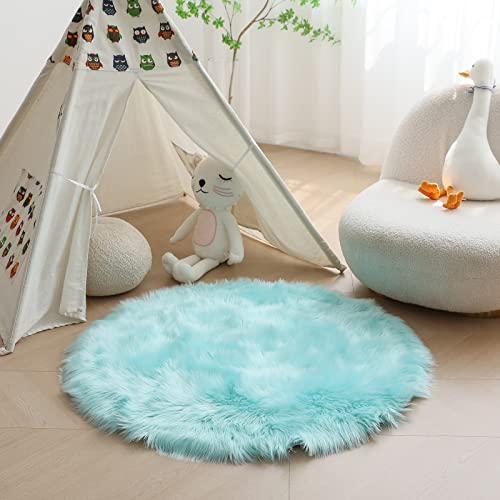 HARESLE Runder Kunstfell Teppich, Super Flauschiger und Weicher Kleiner Teppiche, Teppich Rund für Schlafzimmer, Wohnzimmer, Kinderzimmer, Lounge (Hellblau,50cm/20 Zoll)