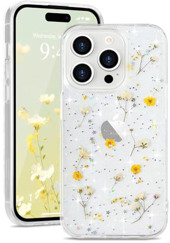 L-FADNUT for iPhone 15 Pro Max Case, Cute Real Dried Flowers with Sparkle Glitter Design, Clear Shockproof Handmade Pressed Floral Phone Case Silicone Bumper Protective Cover for Women Girls Yellow