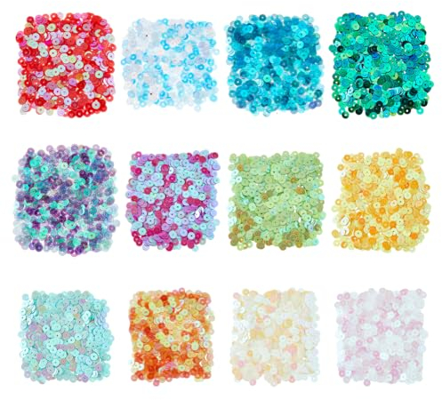DICOSMETIC 6000 Stück 12 Farben Kleine Klare Pailletten Großpackung 5mm PVC Lose Pailletten Flache Runde Pailetten Flache Runde Nähpailetten Für DIY Kleidung Schuh DIY Bastelbedarf, Bohrung: 1 mm