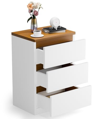 Mesita de noche, mesita de noche para dormitorio, mesa auxiliar rústica marrón con 3 cajones y estante de almacenamiento, mesa auxiliar de madera para sala de estar, dormitorio, color blanco