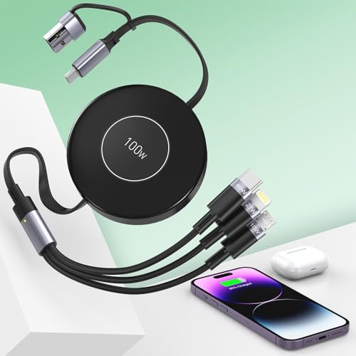 100W USB C Retractable Multi 5-in-1 USB A/Type C to Lightnning+USB C+Micro iPhone Charging Cable,4FT PD 5A Fast Multiple Charger Cord for iPhone 15 14 13 12/Samsung S23/iPad Pro/MacBook/Tablet