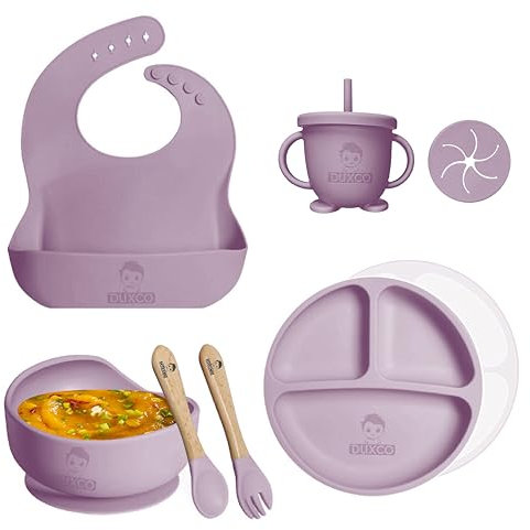 DUXCO Vajilla de Silicona para Bebé - set de 6 piezas - incluye juego de cubiertos infantil, plato con ventosa antideslizante y babero impermeable exclusivamente para tu bebé. (Violeta)