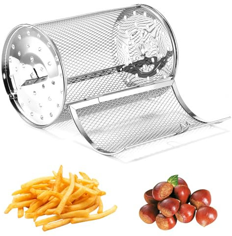 ALLOMN Cesta para freidora de aire de torre de acero inoxidable, cesta giratoria de 360° para parrilla, horno de tambor, jaula redonda para freidora de aire, horno para cacahuete, café, frijoles de